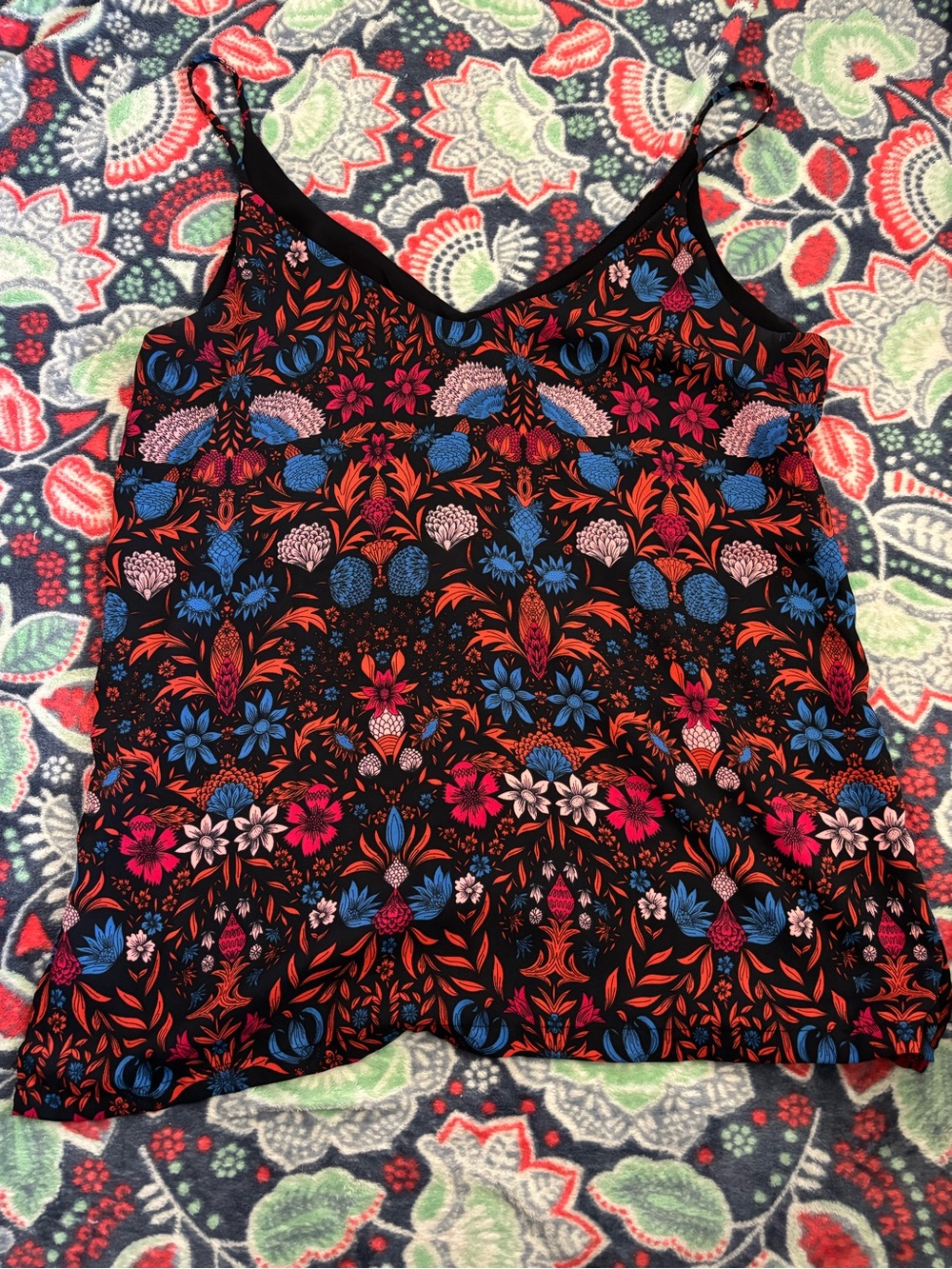 H&M Black Floral V-Neck Cami with Blue, Red & Pink Accents